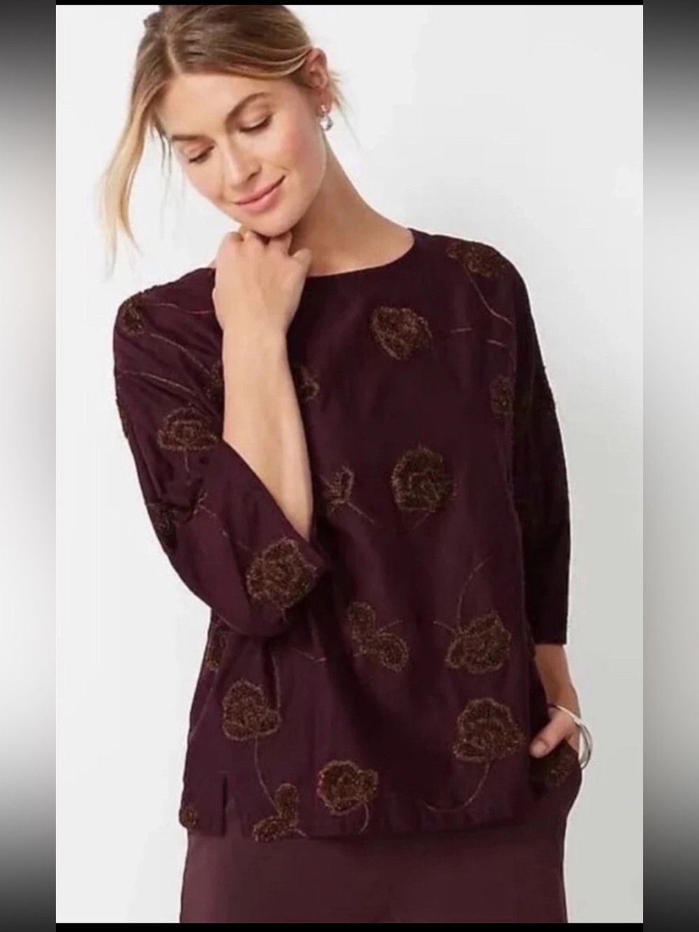 J. Jill Plum Embroidered Floral Blouse Size Small 100% Cotton